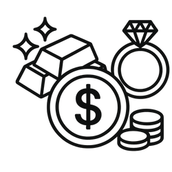 Black and white icon of a gold bar, dollar coin, diamond ring, and coins on a white background