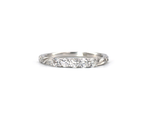 White Gold Diamond Band With Carved Scroll Detail