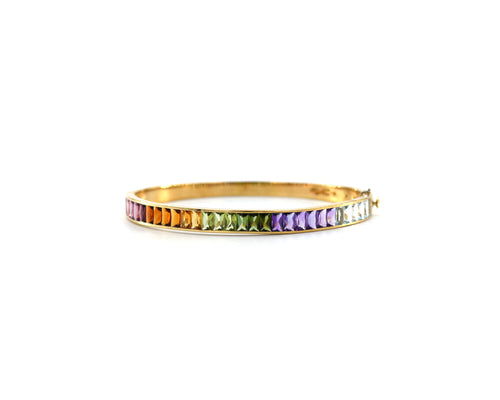 Yellow Gold Rainbow Gemstone Bangle Bracelet