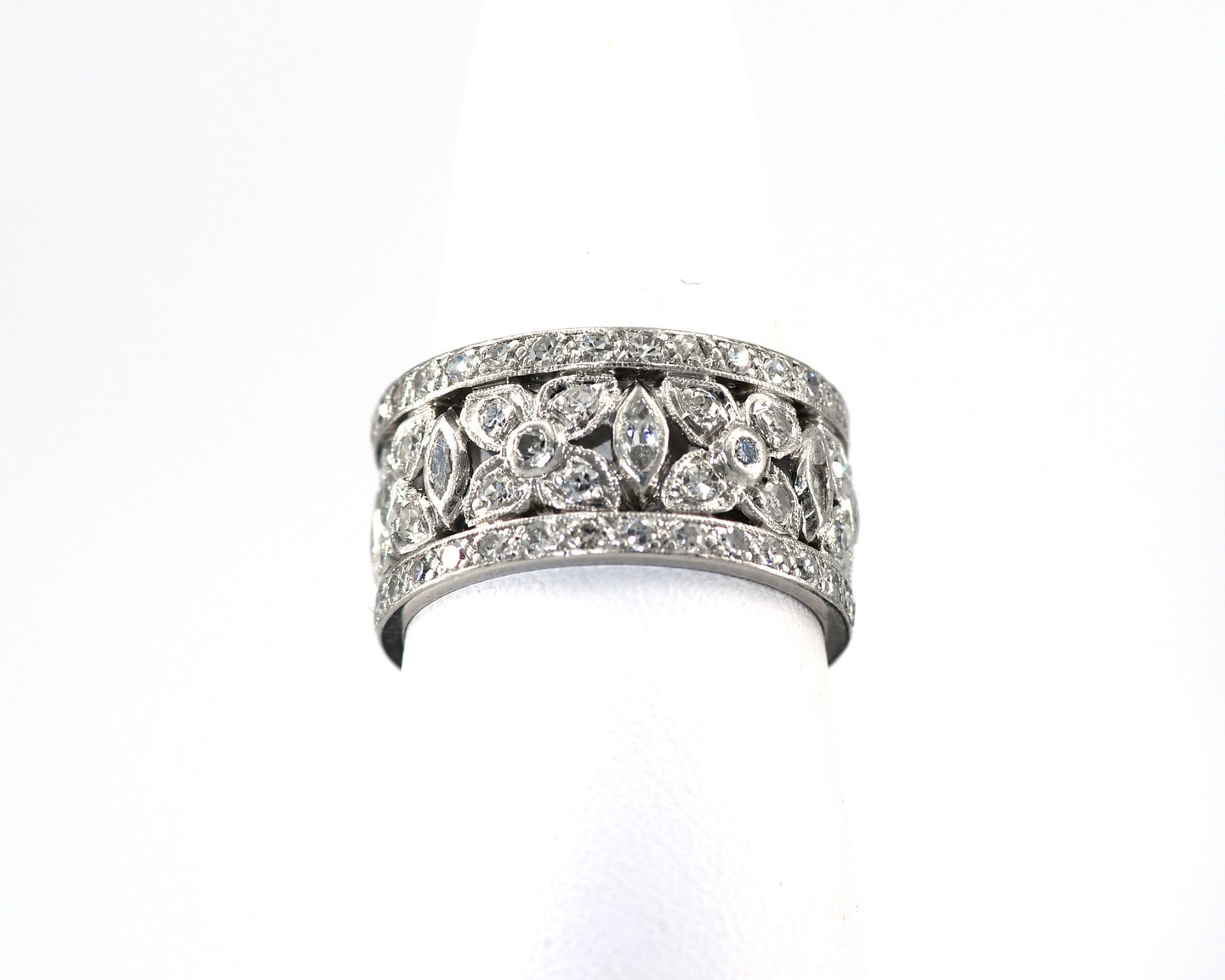 Vintage Platinum and Diamond Floral Wide Eternity Band