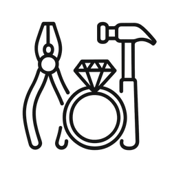 Jewelry repair tools including pliers, a hammer, and a diamond ring on a white background
