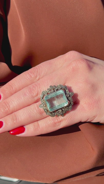 Antique 14K Rose Gold and Sterling Silver Aquamarine and Diamond Ring