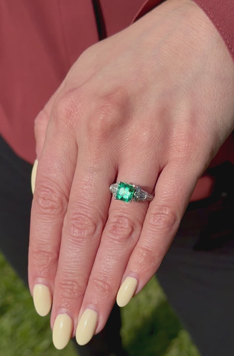 Estate Square-Shaped Step Cut Emerald And Diamond Ring