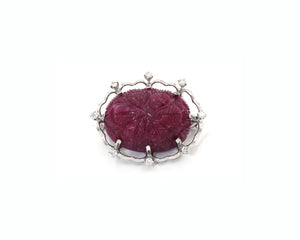 14K White Gold Carved Ruby and Diamond Brooch