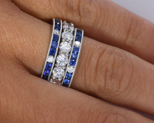 Sapphire and Diamond Wedding Bands Stacked with a Round Diamond Wedding Band.