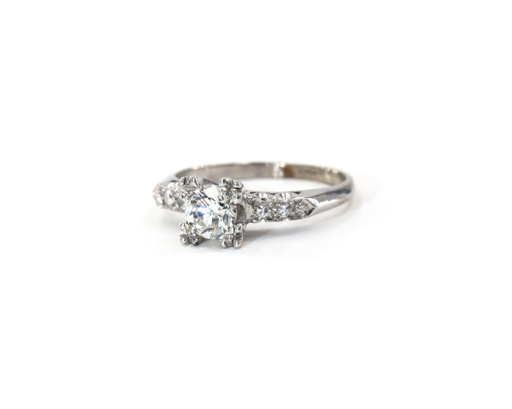 Vintage 1950's Squared Head Diamond Engagement Ring 14K White Gold