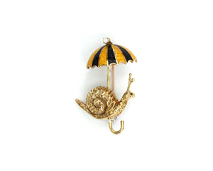 14K Yellow Gold Enameled Snail With Umbrella Brooch With Diamond
