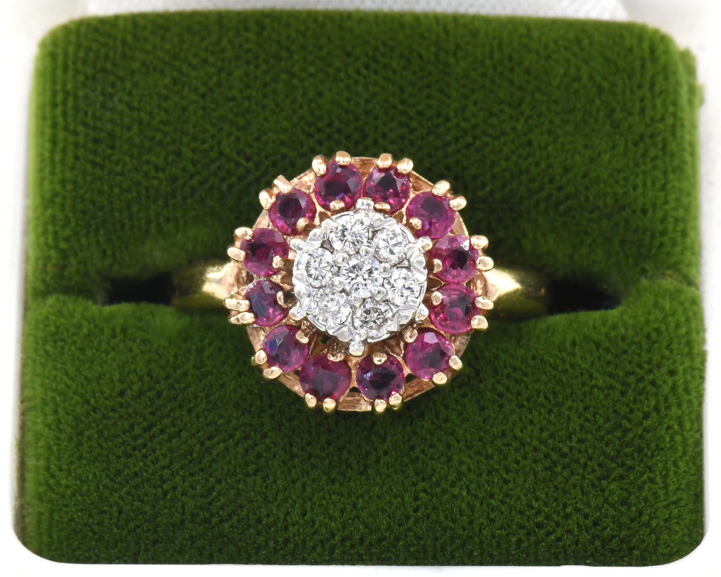 14K yellow and white gold ring set with rubies and diamonds