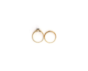 14K yellow gold + 18k white gold diamond engagement ring and wedding band set.