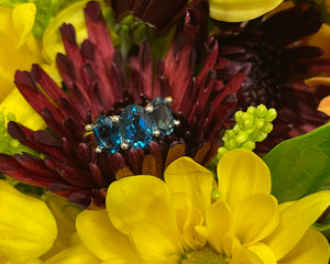 14k yellow gold and London blue topaz three stone ring.