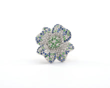 Load image into Gallery viewer, 18K white gold diamond, blue sapphire, and green garnet flower cocktail ring.
