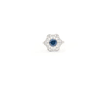 Load image into Gallery viewer, 18K white gold fancy blue and white diamond flower ring.
