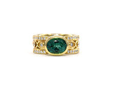 Load image into Gallery viewer, 18K yellow gold ring set with green tourmaline and diamonds.

