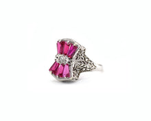 Load image into Gallery viewer, Vintage 14K White Gold Lab Created Ruby Filigree Bow Ring.
