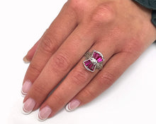 Load image into Gallery viewer, Vintage 14K White Gold Lab Created Ruby Filigree Bow Ring.

