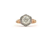 Load image into Gallery viewer, Antique 14K yellow and white gold ring set with a round brilliant cut diamond.
