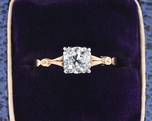 Vintage 14K yellow and white gold diamond solitaire engagement ring in box.