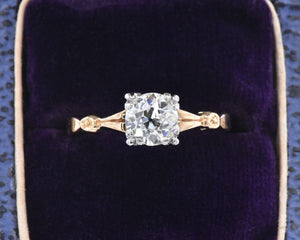 Vintage 14K yellow and white gold diamond solitaire engagement ring in box.