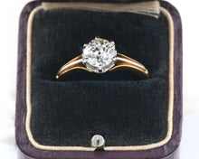Load image into Gallery viewer, Antique 18K Yellow Gold and Platinum Ring Six Prong Set With an Old Mine Diamond in box.
