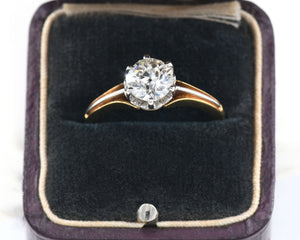 Antique 18K Yellow Gold and Platinum Ring Six Prong Set With an Old Mine Diamond in box.