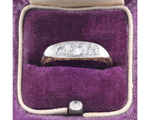 Load image into Gallery viewer, Antique 18K yellow gold ring with platinum top and Old European cut diamonds in box.
