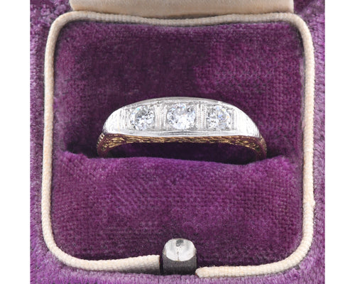 Antique 18K yellow gold ring with platinum top and Old European cut diamonds in box.