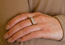 Load image into Gallery viewer, Antique 18K yellow gold ring with platinum top and Old European cut diamonds on hand.
