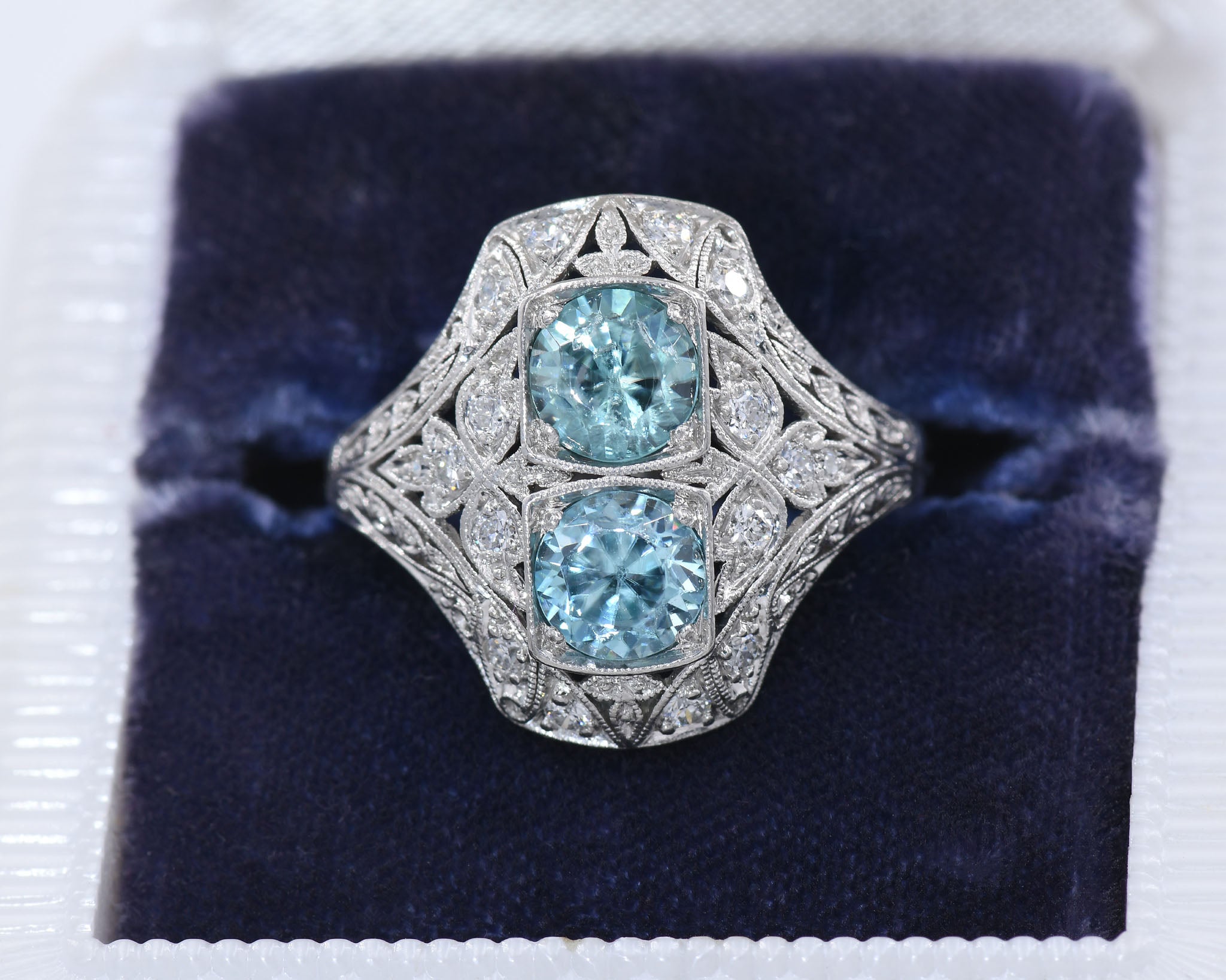 Antique Platinum Blue Zircon and Diamond Ring – Guy Edward