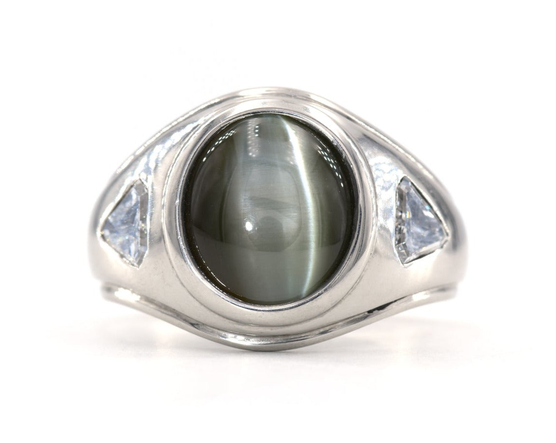 Estate Platinum Ring Set With GIA Certified Natural Cat's Eye Chrysoberyl And Diamonds