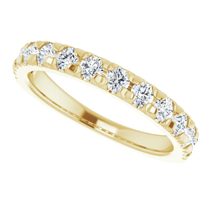 14k yellow gold French-set round brilliant cut diamond wedding band.