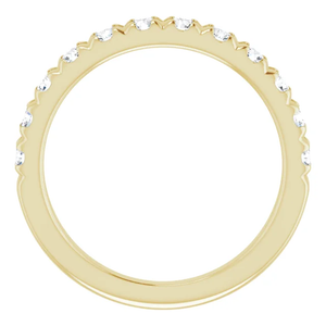 14k yellow gold French-set round brilliant cut diamond wedding band.
