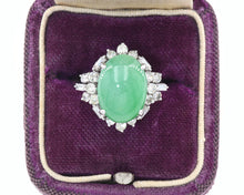 Load image into Gallery viewer, Vintage 14K White Gold Jade and Diamond Ring in box.
