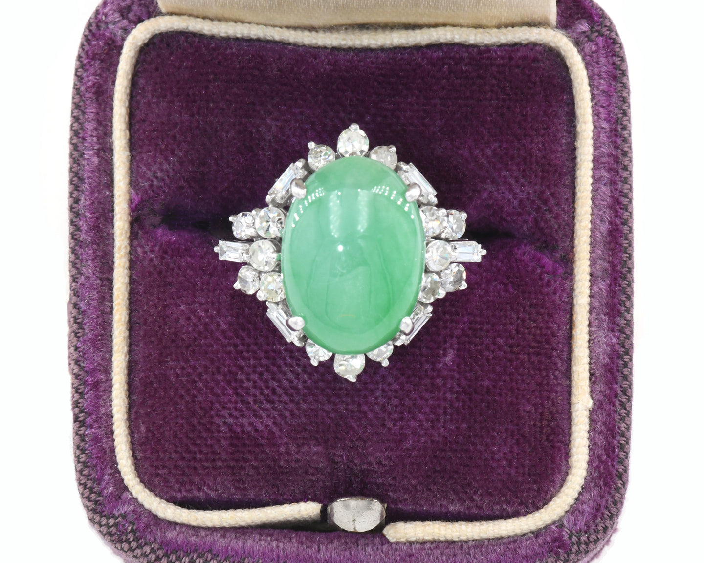Vintage 14K White Gold Jade and Diamond Ring in box.