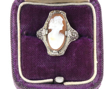 Load image into Gallery viewer, Vintage 14K White Gold Filigree Ring Set With Cameo
