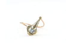Load image into Gallery viewer, Vintage 14K yellow gold and 10K rose gold converted stick pin ring with Aquamarine.
