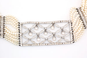 Vintage 18K White Gold Pearl and Diamond Choker Necklace
