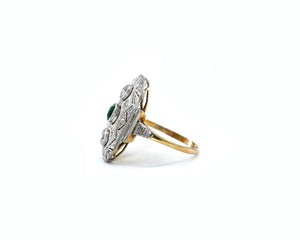 Vintage 18K Yellow Gold Ring With Platinum Top Set With Genuine Emerald and Diamonds.