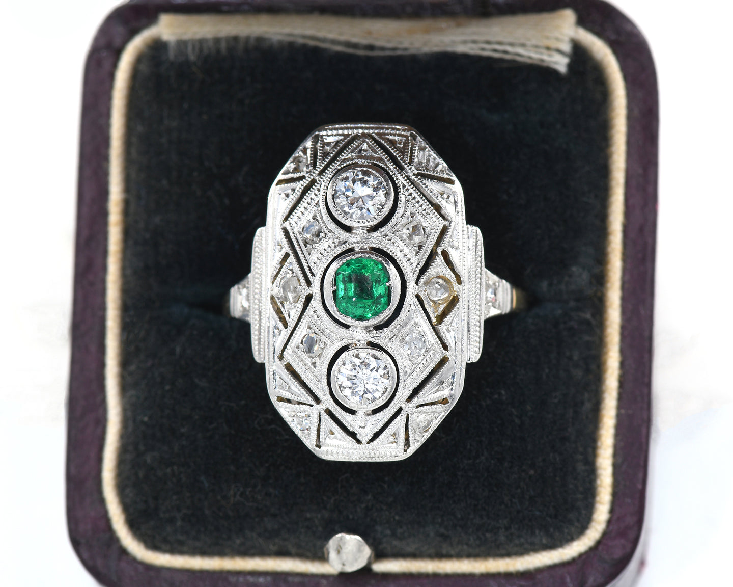 Vintage 18K Yellow Gold Ring With Platinum Top Set With Genuine Emerald and Diamonds in Box.