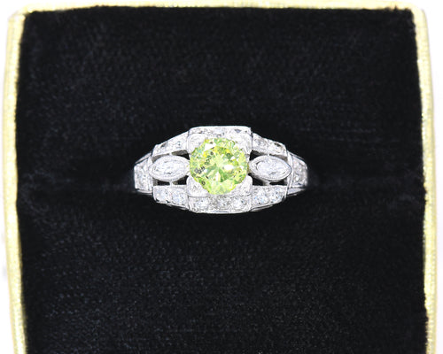 Vintage Platinum And 14K White Gold Color Enhanced Fancy Yellow Diamond Ring