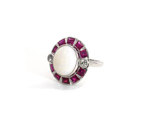 Vintage Platinum, Opal, Diamond, and Created Ruby Ring