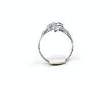 Load image into Gallery viewer, Vintage filigree 14K white gold and aquamarine ring.
