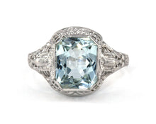 Load image into Gallery viewer, Vintage filigree 14K white gold and aquamarine ring.

